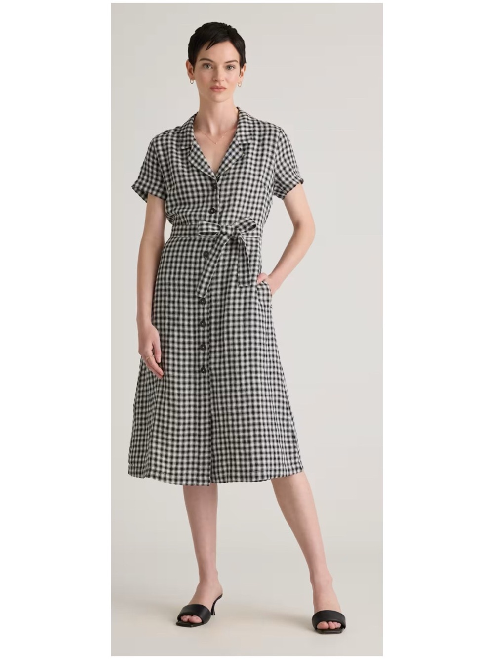 Quince Black and White Gingham Button-Front Linen Midi Dress sz Large